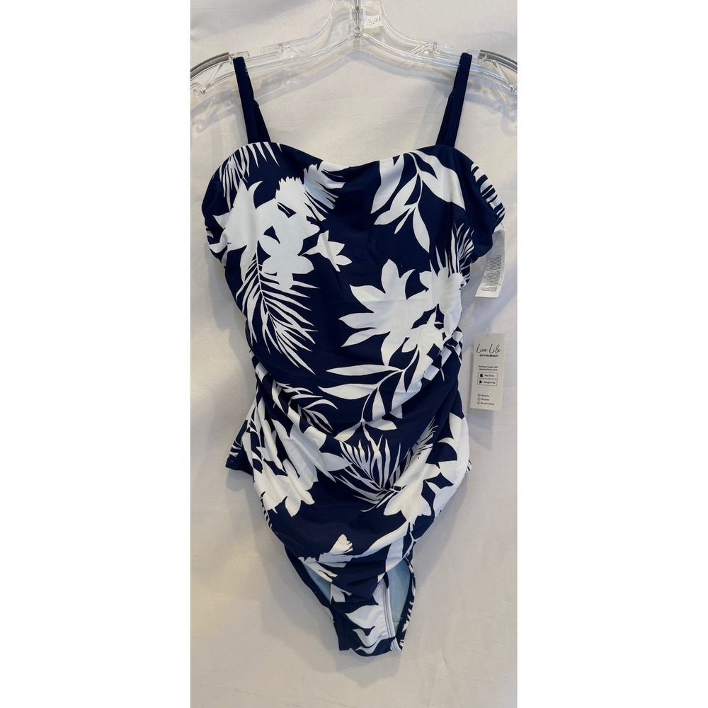 Cupshe Navy White Floral Ruched One Piece Swimsuit Medium NEW